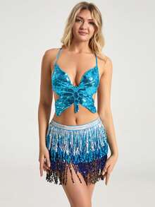 2pcs Set Glitter Fringe Strap Dress For Belly Dancing, Latin Dance, Stage Performance, Competition - 彩色 - 查看 5