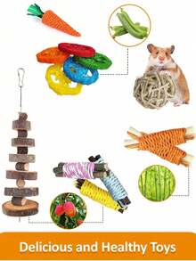 20件/4件/9件/7件/18件装兔子/豚鼠磨牙玩具，天然苹果木磨牙玩具组合，手工制作豚鼠仓鼠小型动物磨牙玩具 - 彩色 - 查看 6