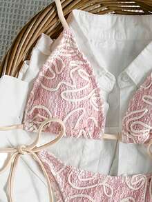 Bikinx 女士不对称条纹系带比基尼套装，时尚夏季度假沙滩粉色 - 粉色 - 查看 6