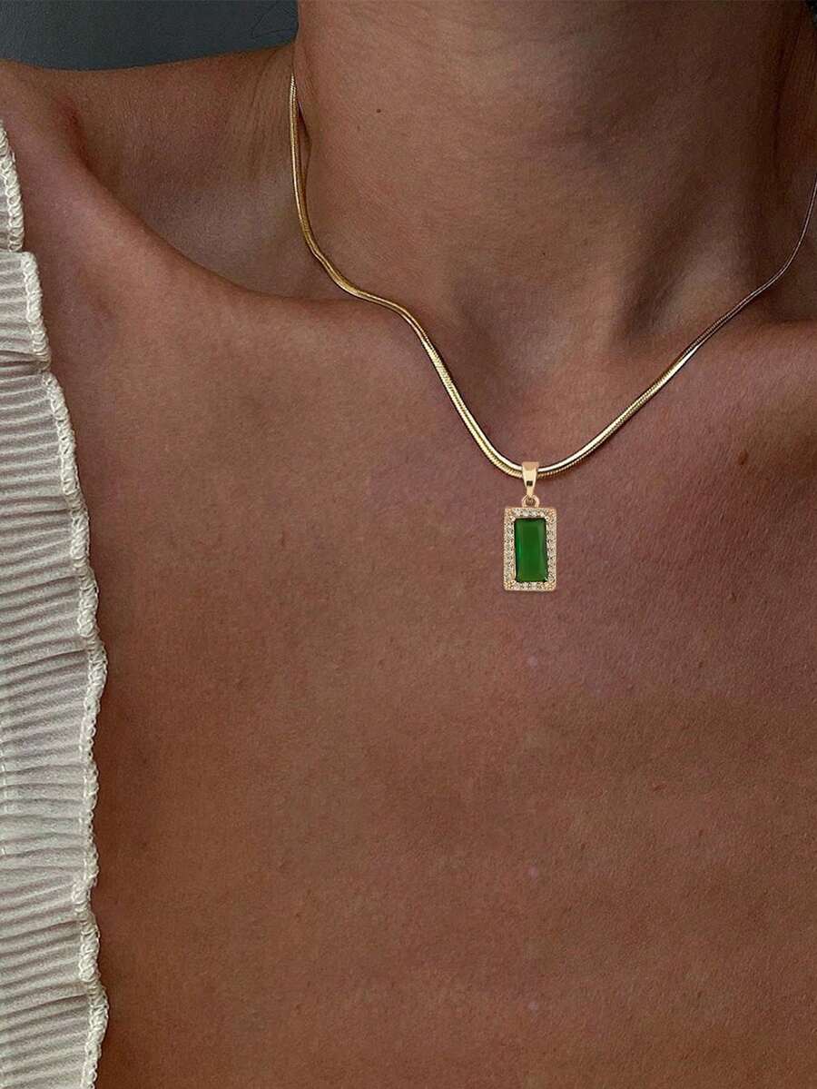1 件女士吊坠项链，简约优雅的不锈钢扁平链，镶嵌绿色方晶锆石矩形吊坠，百搭日常佩戴和礼品配饰 - 金黃色 - 查看 1