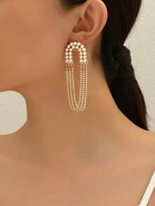 1 对创意流苏珍珠宝石链耳环，优雅欧美风格百搭个性化日常佩戴 - 金黃色 - 查看 4