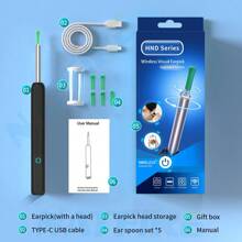 NATFIRE 一套带迷你摄像头和LED灯的耳部清洁器，采用柔软硅胶材质，便携式耳垢清除器，内窥镜刷头，8个耳勺，螺旋耳勺，Type-C充电，白色/黑色，无线WIFI智能可视自护理内窥镜，带夜光功能，用于清洁耳垢，兼容iOS和安卓手机，是家庭、朋友、学校、旅行和居家必备。