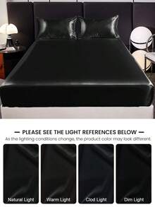 2/3pcs Fitted Sheet Set, Bedding Set, Satin Bed Sheets Set, Solid Color Skin-Friendly Bed Cover Set, Room Decor, Soft And Comfortable Bedding For Bedroom,  Deep Pocket, For Single/Twin/Full/King/Queen Bed Sizes, Machine Washable, Meticulous Gift - Black - View 9