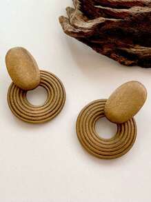 Vintage Geometric Wood Drop Earrings For Women Handmade Brown Color Leaf Shaped Round Circle Wooden Earrings Jewelry