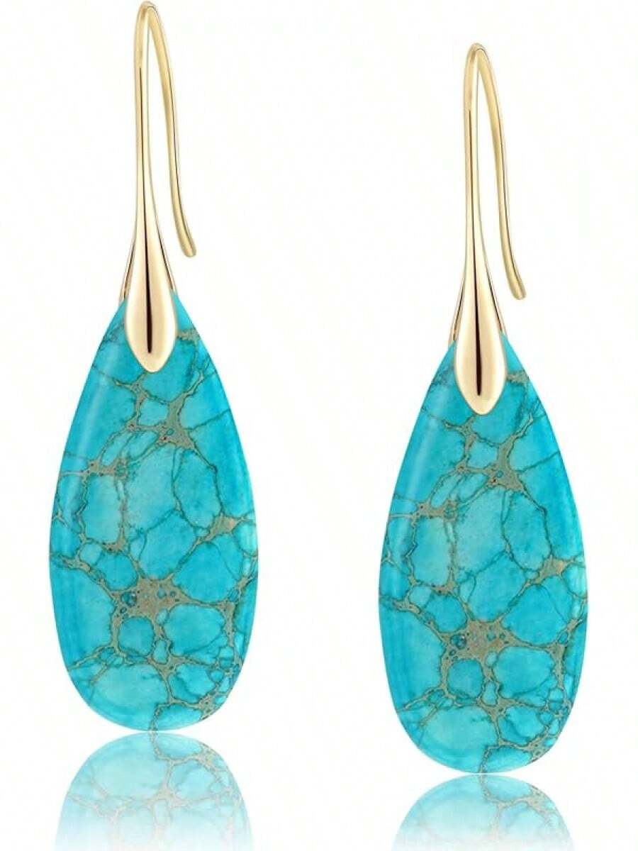 Natural Healing Stone Fishhoop Dangle Drop Earrings Statement Gold Silver Earrings