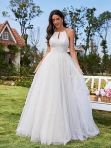 Elasola 精致露肩网纱贴花婚纱 白色连衣裙 适合夏季花园婚礼 新娘礼服 优雅