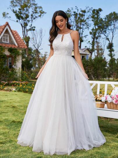 Elasola 精致露肩网纱贴花婚纱 白色连衣裙 适合夏季花园婚礼 新娘礼服 优雅