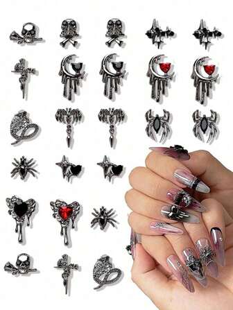 26pcs Halloween Skull Nail Charms Retro Halloween Decals Nail Ornaments 3D Ghost Silver Classic Nails Art Design Manicure Accessories