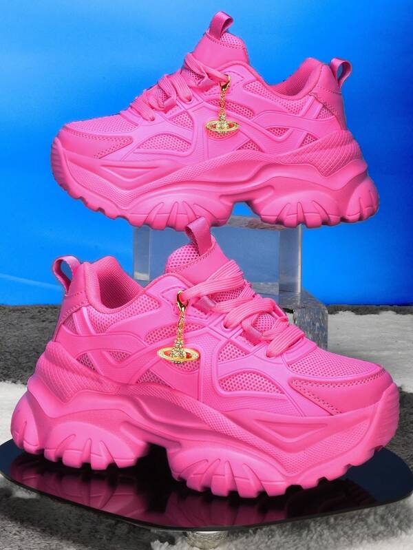 Tênis Esportivos Casuais Femininos com Decoração de Estrela de Ouro Metálica e Strass, Sapatos de Salto Alto de Plataforma Grossa Rosa para Uso Externo, Tênis de Corrida Leves e Absorventes de Choque com Malha Respirável de Verão, Sapatos Casuais de Bico Redondo com Cadarço para Estudantes Universitários, Adolescentes, Uso Diário, Encontros, Exercícios, Escritório, Antiderrapante com Aumento de Altura de 7CM, Tênis de Plataforma