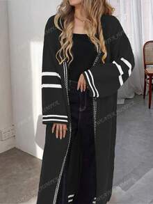 Cárdigan largo de punto elegante con rayas blancas en el borde, elegante, de moda casual de Europa y Estados Unidos para mujeres en otoño e invierno