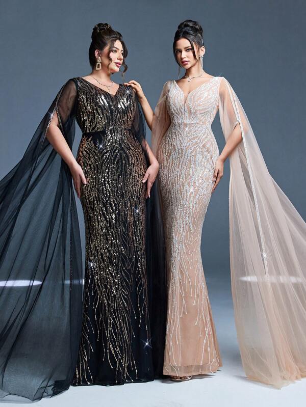 Mgiacyv V-Neck Mesh Shoulder Double Layer Sequin Fitted Mermaid Maxi Dress