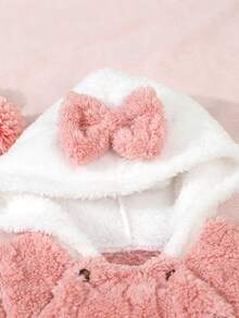 Baby Girls' Hooded Fleece Jumpsuit With Bow Decor, Long Sleeve Jumpsuit For Girls, Autumn/Winter - Pink - View 4