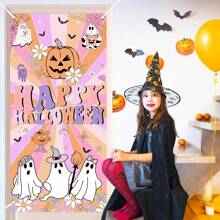 1 件粉色万圣节门装饰万圣节快乐门罩可爱鬼万圣节门横幅万圣节鬼南瓜挂横幅复古万圣节派对用品 70.8 * 35.4 英寸秋季装饰秋季装饰