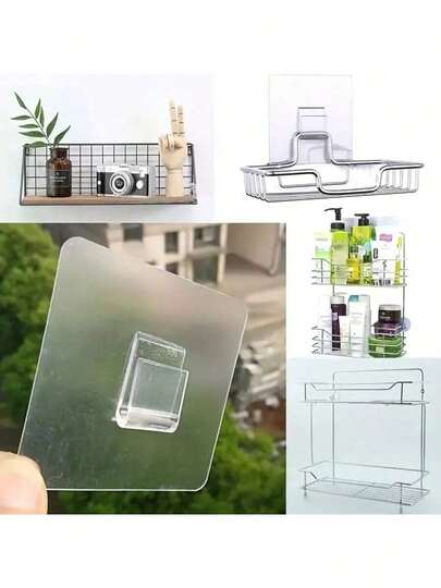 Clipes adesivos fortes em formato de U, ganchos de parede sem perfuração para cozinha, banheiro e quarto – fácil instalação, design moderno de plástico, segura utensílios, garrafas e muito mais, transparente e sem danos, acessórios para banheiro, ganchos utilitários