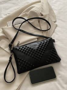 Túi xách đeo vai trang trí đinh tán thời trang mới, thích hợp cho tiệc tùng, đi chơi, ngày lễ, mua sắm và sử dụng hàng ngày, có thể đựng tiền xu, điện thoại, cũng có thể được sử dụng làm túi đi làm cho nhân viên văn phòng, sinh viên đại học và nhân viên văn phòng, túi xách thanh lịch cho phụ nữ - màu đen - Xem 5