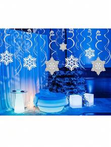 30pcs-Winter Snowflake Hanging Swirl Decorations, White Silver Christmas Glitter Snowflake Hanging Swirl Decorations, Hanging Streamers For Christmas Winter Wonderland, Frozen New Year Birthday Party Supplies, Snowflake Hanging Swirls And Charm Decorations, Winter Party Wonderland Christmas Day Decorations. - Multicolor - View 5