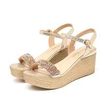 Mujer Sandalias cuña de color metálico tira tobillera vacación dorado,Verano nuevo zapatos lentejuelas sandalias versión coreana de la moda exterior sandalias zapatillas mujer,tacones altos gruesos, sandalias de moda de verano, cómodo y duradero, vacaciones, estilo casual y de negocios,Zapatos de mujer de tacón alto grueso y plataforma estilo europeo y americano a la moda ﻿ - Dorado - Ver 3