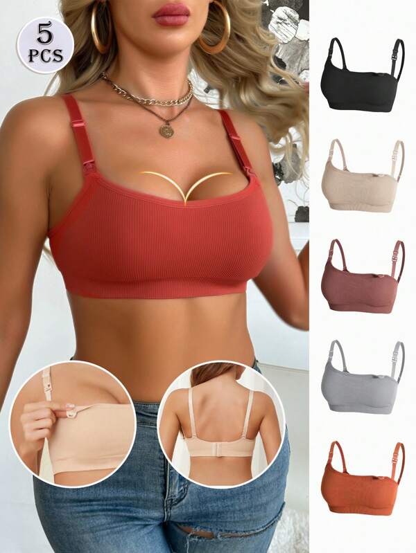 5pcs Pack Women's Simple Ribbed Comfortable Thin Wireless Nursing Bras, All Season