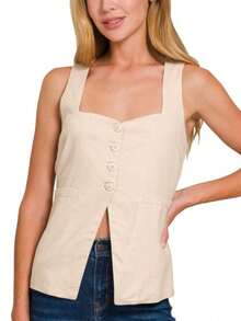 Womens Casual Vest Coat Elegant Button Front Fitted Waistcoat Sleeveless Square Neck Modern Professional Minimalist Design Cropped Summer Spring Daily Wear Light Beige Urban Chic Office Top - CÁT BEIGE - Xem 1
