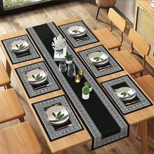 Set de mantel de estilo griego, que incluye manteles individuales lavables y mosquetes en negro, azul y beige con patrón geométrico de líneas florales, adecuado para comedor, sala de estar, cocina, decoración del hogar, contra decoración en estilo vintage, estampado minimalista de doble color o sólido, antideslizante, fácil de limpiar, regalo ideal, multiusos, suave y fácil almacenamiento - Multicolor - Ver 4