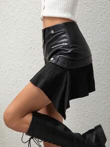 Sedessea 女士纯色不对称腰带纽扣设计拼接绒面革鱼尾PU皮裙优雅 - 黑色 - 查看 1
