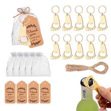 10 Sets KC Golden Footprint Bottle Openers, Baby Shower Favors For Guests With Keychain And Organza Bags, For Outdoor, Camping, Gift For Father