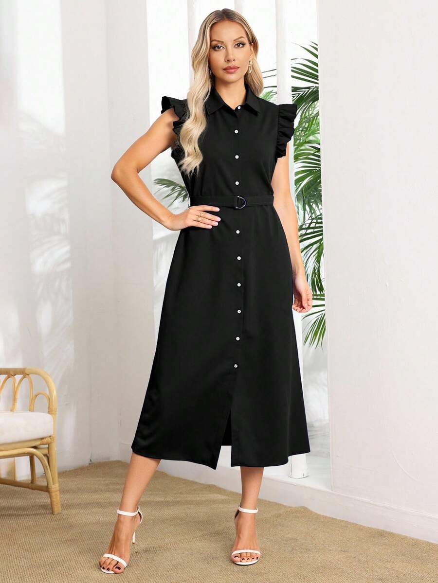 Vestido Camisero Unicolor Para Mujer Con Botón Delantero Con Cinturón,Vestido Largo Elegante De Manga Corta Con Volante De Verano - Negro - Ver 1