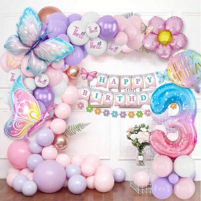 2nd 3rd 8th Birthday Decorations For Girls, Pink Purple Birthday Balloons, Butterfly Birthday Party Decorations, Set With Butterfly Foil Balloons, Bu