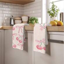 2 件浪漫粉色格子蝴蝶结和樱桃图案厨房巾，15.75 * 23.62 英寸（40 * 60 厘米）超柔软吸水超细纤维洗碗巾、手巾、洗碗布、家居装饰、厨房装饰、烹饪烘焙茶巾、清洁用品，适用于餐厅、厨房、节日装饰和礼品，所有季节