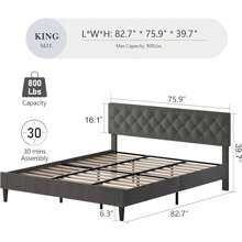 HOMBCK Estructura de cama tapizada con cabecero, estructura de cama de tela de lino con cabecero capitoné, sin somier, fácil montaje, tamaño individual/matrimonial/queen/king, beige/rosa/gris oscuro/gris/azul