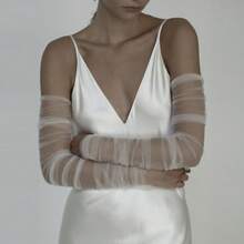 1 件时尚长款无指手套，简约手工缝制新娘配饰，百搭网眼婚礼手套秋季配饰 - 白色 - 查看 2