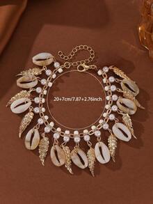 1 件时尚海洋元素珠宝，流苏贝壳硬币脚链，女士海滩度假珠宝