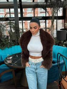 GDDYIN 女士纯色天鹅绒纹理高端人造毛皮短款夹克，时尚晚间约会，冬季