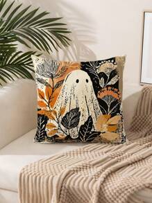 1 pieza Funda de cojín de otoño, estampado bohemio de calabaza fantasma y mapache, tela de poliéster con cremallera, estampado de una sola cara, sin inserto de cojín, decoración del hogar de otoño y Halloween, adecuado para el estilo rústico, patio exterior, sofá, cama, artículos para fiestas