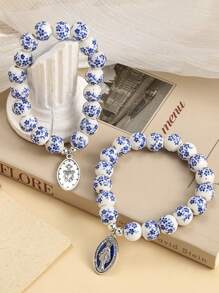 1pc Virgin Mary Letter Cross Geometry Star Heart Beaded Pendant Bracelet, Multicolor Natural Stone & Metal, Elegant For Party & Chinese Style