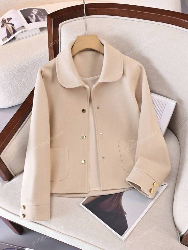 Abrigo de lana corto y engrosado de solapa con botón individual de estilo europeo y americano de alta calidad, y blusa de estilo retro de unicolor de manga larga holgada y de moda para mujer en invierno