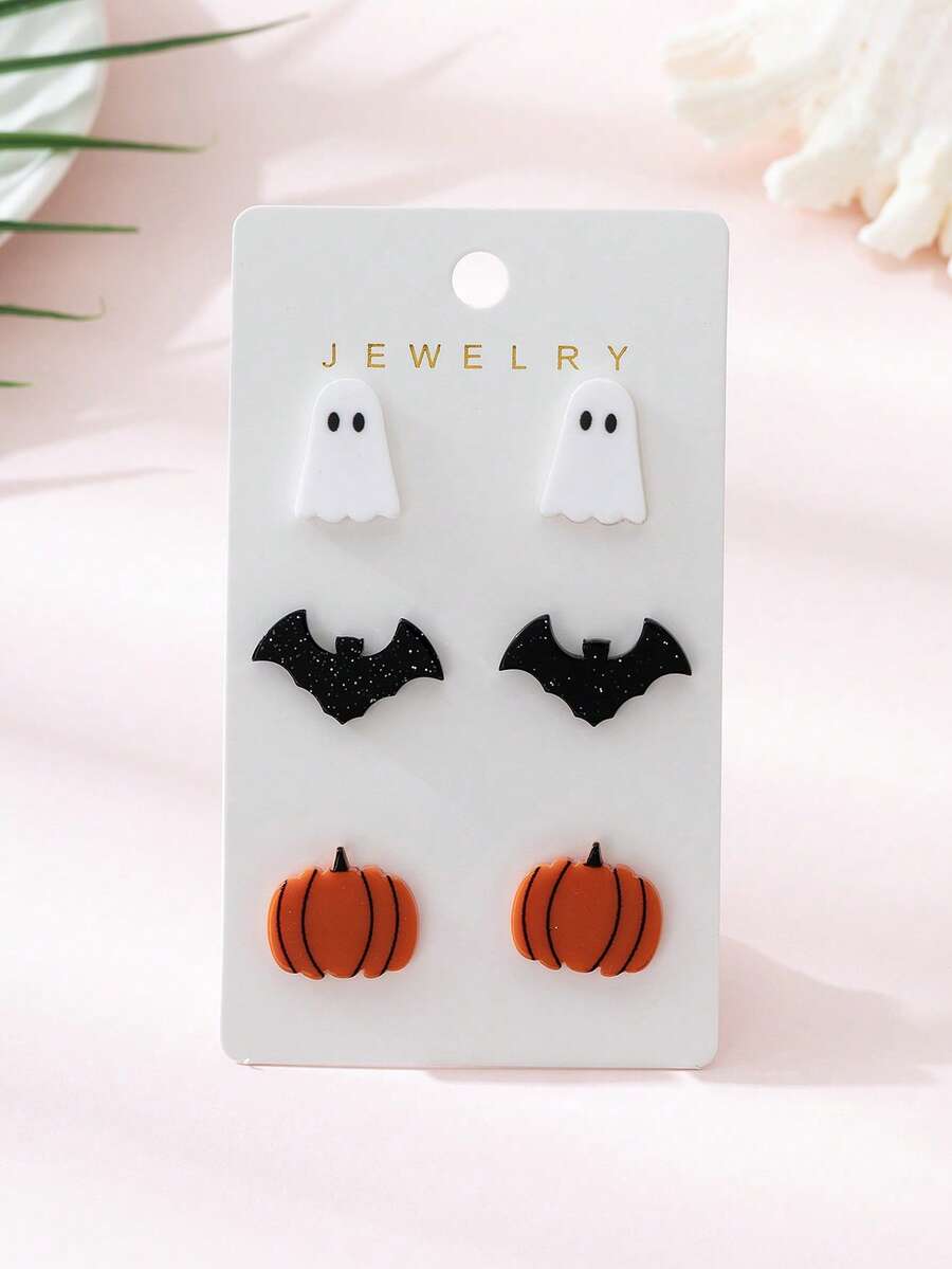 3 Cặp/Bộ Hoa tai đinh hình ma, dơi, bí ngô Halloween dành cho nữ, thích hợp để trang trí và đeo trong lễ hội - Nhiều màu - Xem 1