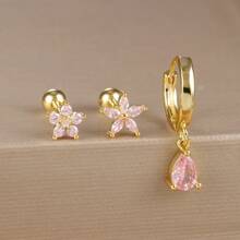 3pcs Square Pink Zirconia Flower Earrings Set For Women 18K Gold Plated Stainless Steel And Copper Helix Screw Cartilage Piercing Party Jewelry Accessories Valentines,Mom,Mother,Mother's Day,Gift