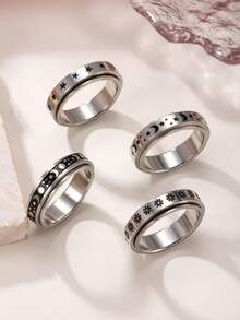 4pcs Women Stainless Steel Vintage Coin Rotatable Stress Relief Ring Set, Stars, Moons, Flowers, Versatile Matching, Suitable For Men & Women, Daily Wear, Holiday, Date Gift Jewelry