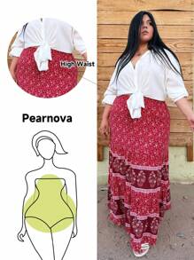 Truni Plus Size Holiday And Leisure Printed Splicing Long Skirt For New Year Clothes Maxi Women Outfit