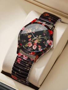 1pc Women's Elastic Band Fashion Casual Number Scale Dial Print Quartz Wrist Watch, Classic Stylish Design (1pc/Set, Watch Box Not Included) - 黑色 - 查看 1