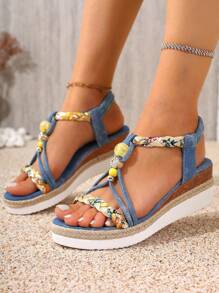 Women's Platform Sandals, Decorated With Big Pearls & Rhinestones, Bohemian Open Toe Thick Bottom Shoes. Paired With Elastic One-Push Design Mid-Heel Comfortable Thick Sole Wedge High Heel Lightweight Casual Woven Hemp Roman Sandals, Suitable For Summer