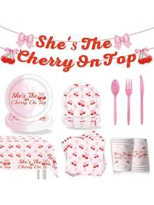 Cherry Pink Bow Theme Party Decorations Kit - Summer Girls Birthday Party Supplies With Banner, Paper Plates, Balloons For Cake Table Decoration - Sweet Cute Photo Booth Backdrop