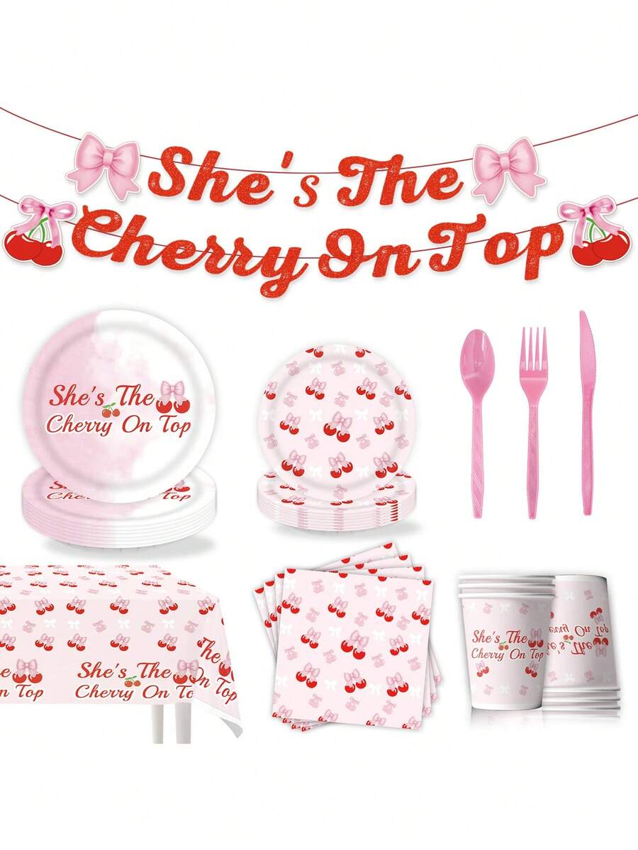 Cherry Pink Bow Theme Party Decorations Kit - Summer Girls Birthday Party Supplies With Banner, Paper Plates, Balloons For Cake Table Decoration - Sweet Cute Photo Booth Backdrop