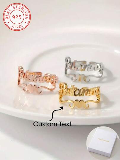 A 925 Silver Personalised Heart Shaped Ring, Customised With English Name, Elegant Opening Design, Everyday And Special Occasion Jewellery, Anniversary, Valentine's Day, Mother's Day Gift, Women's Fashion Jewellery.