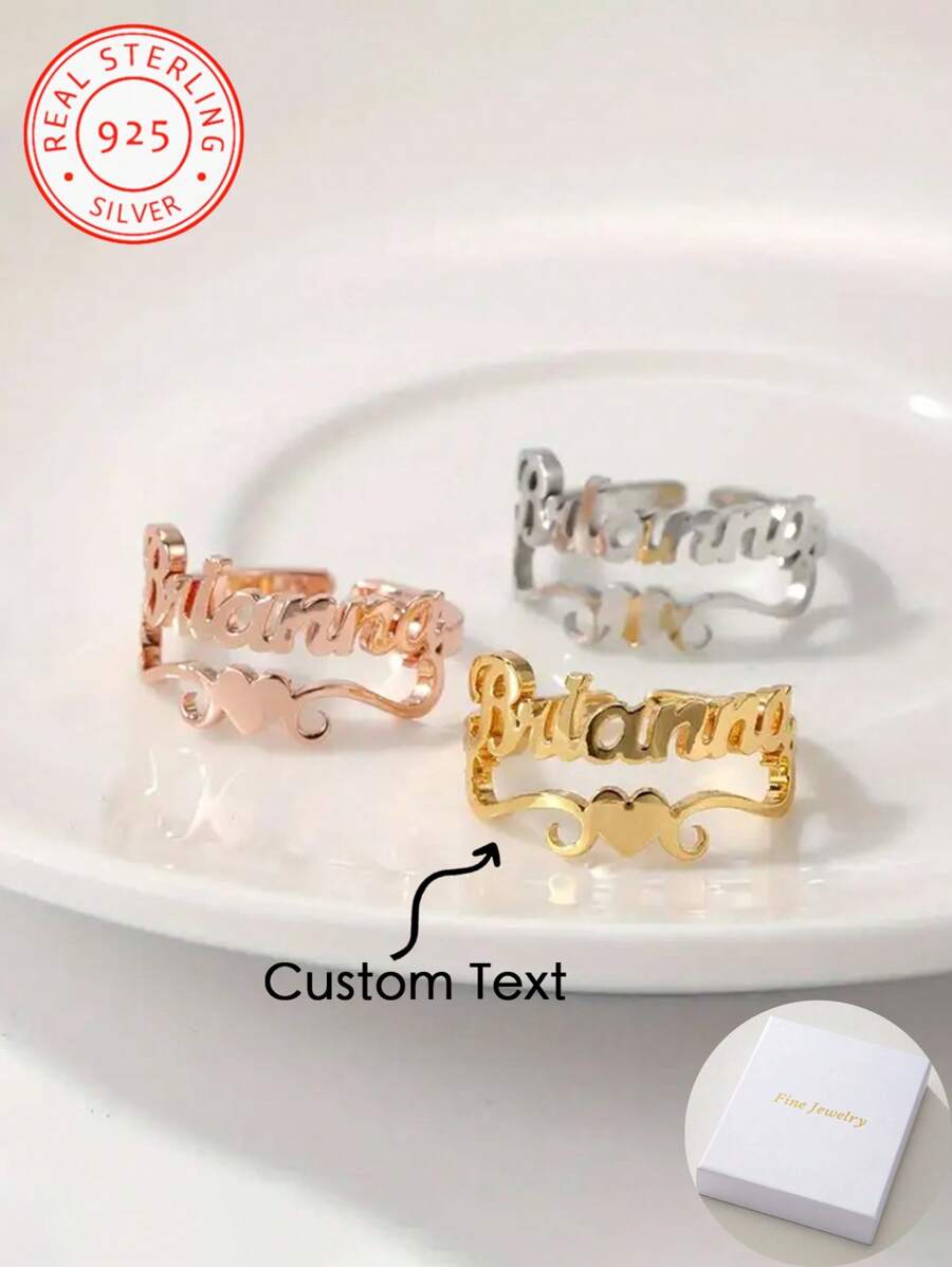 A 925 Silver Personalised Heart Shaped Ring, Customised With English Name, Elegant Opening Design, Everyday And Special Occasion Jewellery, Anniversary, Valentine's Day, Mother's Day Gift, Women's Fashion Jewellery. - Multicolor - View 1