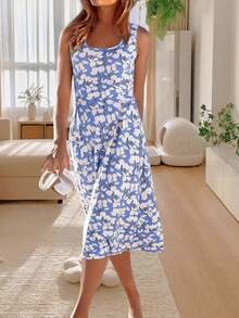 时尚印花无袖连衣裙，轻盈优雅，适合休闲外出、居家、旅行、工作、婚礼、派对、海滩、夏季度假等各种场合。 - 藍色 - 查看 3