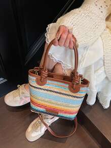 Nuova borsa a tracolla bohémien alla moda, intrecciata e colorata, decorata con etichette con lettere e tracolle indipendenti, adatta per uso quotidiano, vacanze al mare, viaggi e utilizzabile come borsa a spalla casual o a tracolla diagonale da donna