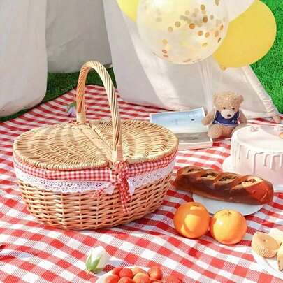 1 Pc Natural Wicker Picnic Basket - With Double Lids And Removable Linen Lining - Double Openings Design, Suitable For Camping, BBQ, Shopping, Home Storage, Home Decor, Fruit/Vegetable Storage - Decorative Edging Trim, Picnic Accessories