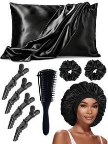 9件套缎面睡眠套装 | 比丝绸更柔软的枕套和眼罩套装 - 包括1个缎面枕套、1个缎面睡帽、2个缎面发圈、4个发夹和1把头发柔顺梳 - 彩色 - 查看 1